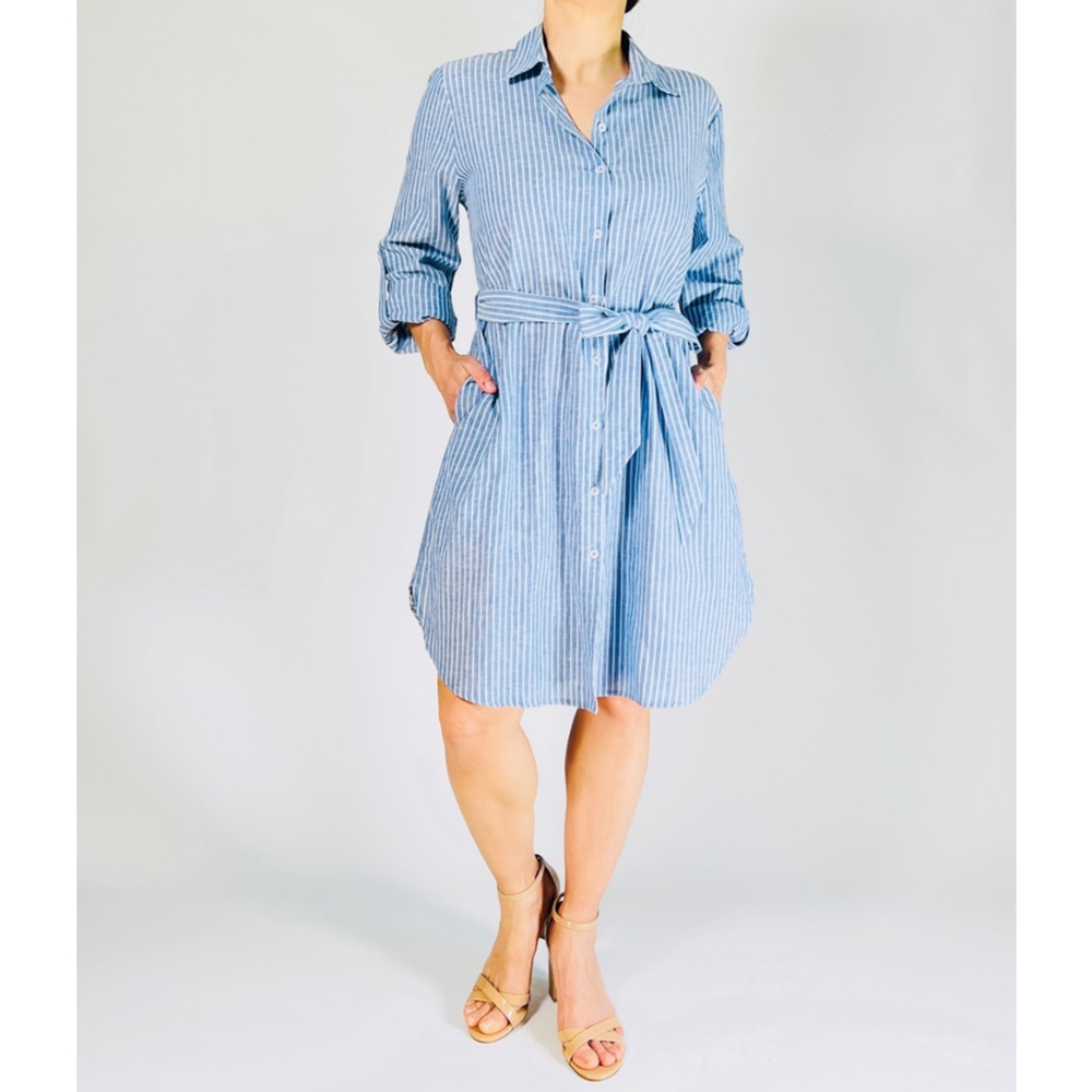 NWT Arturo Calle Striped Shirt Dress Vestido Size L Blue Linen Cotton
